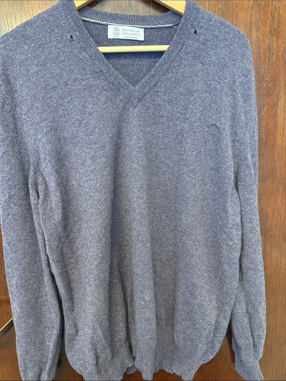 Brunello Cucinelli Men's V-Neck Cashmere Sweater - Heather Grayish Blue *holes*